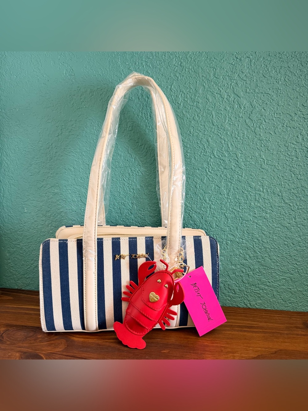 Betsey Johnson Navy & White Striped Shoulder Bag with Red Lobster Charm